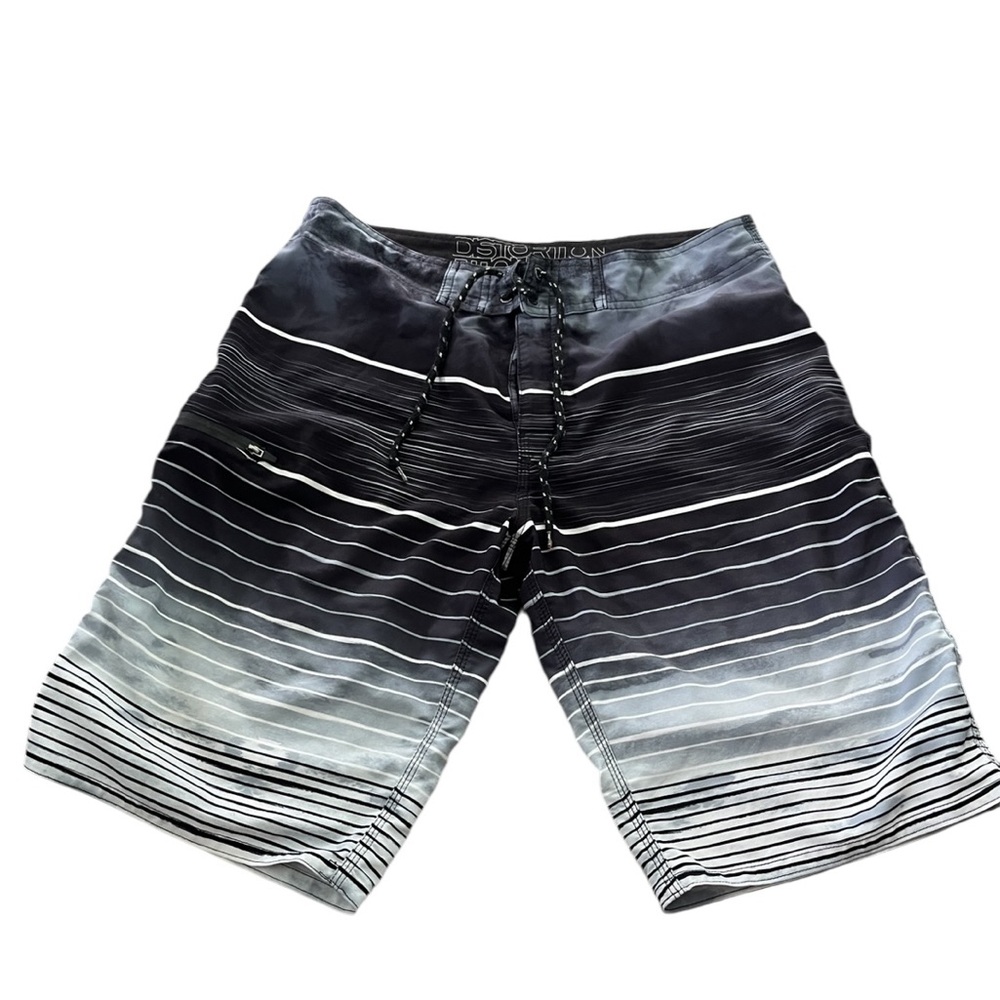 Distortion Men's Black Gray Striped Swim Shorts Size Large